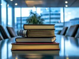 Stack of Four Books on Conference Table in Office Setting photo