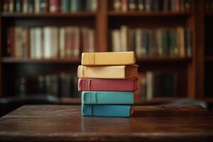 Stack of Five Pastel-Colored Books on Wooden Table with Bookshelf Background photo