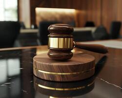 Gavel on Wooden Base in Modern Office Setting photo