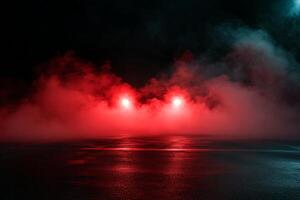 Nighttime Asphalt Surface with Red Lights and Fog photo