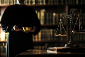 Brass Scales of Justice with Judge and Bookshelf photo