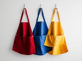 Three Color Aprons Hanging on Hooks photo