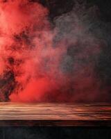 Wooden Table with Red and Gray Smoke Background photo