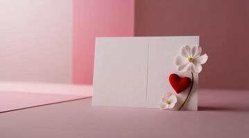 A white card with a red heart and flower on a pink background photo