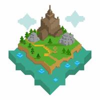 Isometric Fantasy Island with Mountain and Trees Pixel Art Illustration vector