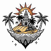 Tropical Island with Lighthouse and Palm Trees in Vintage Style Illustration vector