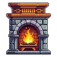 Retro Pixel Art Fireplace with Bright Flames in a Cozy Stone Setting vector