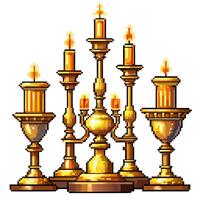 Pixel Art Candlestick Set with Lit Golden Candles in Retro Style vector