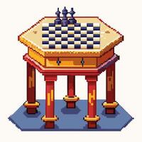 Pixel Art Chess Table with Pieces on Hexagonal Platform for 8 bit Game Design vector