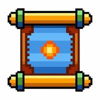 Retro Pixel Art Scroll with Sun Icon in Blue and Gold, RPG Game Design vector