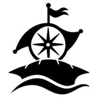 A black and white image of a ship with a compass on the wheel vector