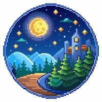 Pixel Art Night Landscape with Mountains, Moon, and Castle in Circular Frame vector