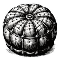 Vintage Engraving of a Tufted Round Cushion with Button Detailing in Black and White vector