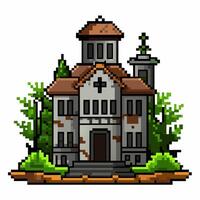 Pixel Art Haunted Mansion Surrounded by Trees Old, Abandoned, Spooky, Mysterious Building vector