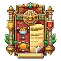Pixel Art Fantasy Game Achievement Scroll with Gold Coins and Trophy vector