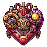 Steampunk Pixel Art Heart with Gears and Pipes Retro Mechanical Design vector