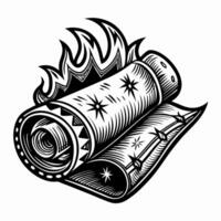 Vintage Burning Scroll Illustration Intricate Woodcut Style Design with Flames vector