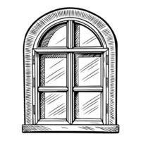 Hand drawn arched window illustration with wooden frame, crossbars, and reflections in a vintage line art style vector