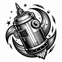 Retro Rocket Tattoo Design with Celestial Elements in Monochrome Style vector