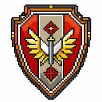 Pixel Art Shield with Sword and Wings Emblem in Retro Game Style vector