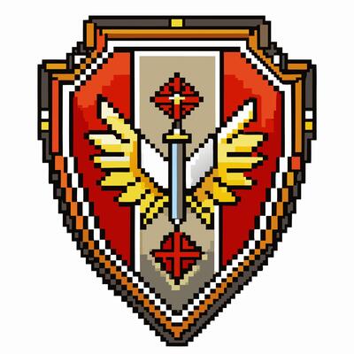 Pixel Art Shield with Sword and Wings Emblem in Retro Game Style