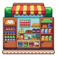 Retro Pixel Art Grocery Store Front with Colorful Produce and Products vector