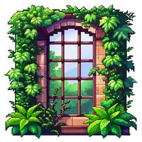 Retro Pixel Art Style Garden Window with Vivid Greenery and Scenic View vector