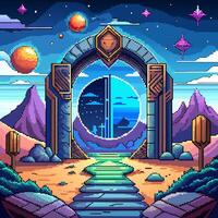 Retro Pixel Art Sci Fi Portal with Planets and Mountains vector