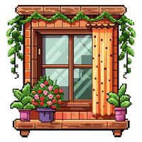 Charming Pixel Art Window with Plants and Curtains Retro Illustration vector