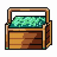 Pixel Art Wooden Toolbox with Emerald Gems Iconic Retro Game Design vector