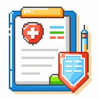 Pixel Art Medical Document with Shield and Pencil Icon for Healthcare Security Concept vector