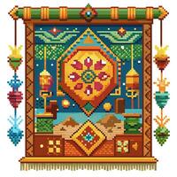 Colorful Pixel Art Tapestry with Geometric Patterns and Hanging Lanterns vector