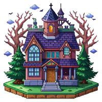Pixel Art Spooky Mansion in Haunted Forest with Autumn Trees and Bats vector