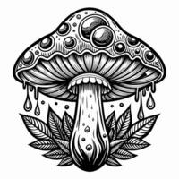 Intricate Mushroom Illustration with Psychedelic Patterns and Leaves vector