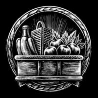 Rustic Hand Drawn Basket with Vegetables and Bottles in Retro Style vector