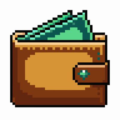 Retro Pixel Art Wallet with Cash Illustration for Finance and Gaming Themes