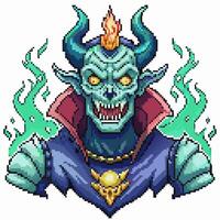 Pixel Art Demon Skull with Flaming Eyes and Green Energy Spirals 8 Bit Fantasy Character Design vector