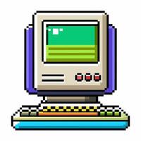 Retro Pixel Art Computer Icon with Green Screen and Colorful Keyboard vector