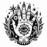 Mystical Hand with All Seeing Eye Surrounded by Stars and Leaves in Black and White vector