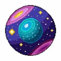 Retro Pixel Art Space Scene Featuring Colorful Planet and Stars vector