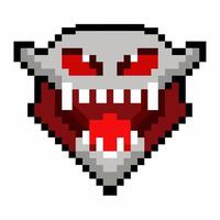 Pixel Art Retro Vampire Face with Red Eyes and Fangs Icon vector