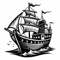 Vintage Sailing Ship with Billowing Sails Navigating Ocean Waves in Black and White Art vector