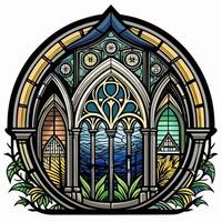 Vibrant Stained Glass Window Featuring Gothic Architecture and Nature Elements vector