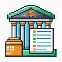 Retro Pixel Art Bank Icon with Financial Document and Dollar Symbol vector