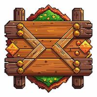 Vintage Pixel Art Wooden Signboard with Rustic Design Elements vector