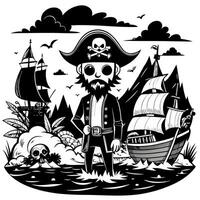 A pirate stands on a boat in front of a ship vector