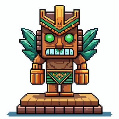 Pixel Art Aztec Warrior Statue with Gold and Emerald Details