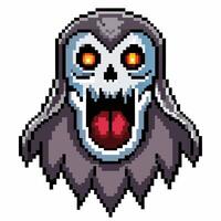 Pixel Art Skull Ghost with Glowing Eyes and Open Mouth in Retro Game Style vector