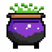 Pixel Art of a Purple Potion Cauldron with Green Bubbles for Retro Gaming and Digital Art Projects vector