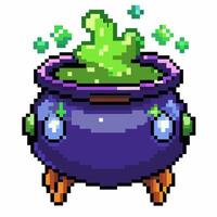 Pixel Art Cauldron with Green Potion Magic and Sparkles Retro Gaming Style vector